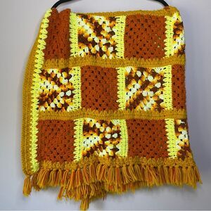 Vintage Retro Orange Granny Square Handmade Afghan Crochet Quilt Blanket Throw